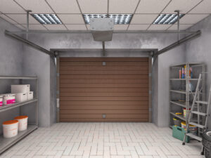 Garage interior with roller door, look from inside
